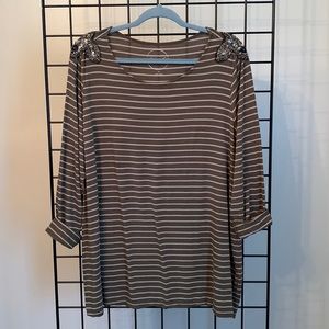 INC Long Sleeve Striped Top - Olive & Tan